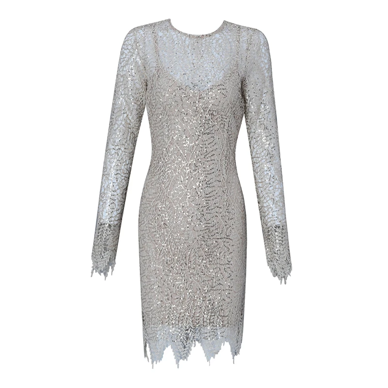 

INDRESSME 2019 New Round Neck Lace Two-piece Long Sleeves Sequins Scalloped Hemline Bodycon Bandage Mini Dress Party Club Dress