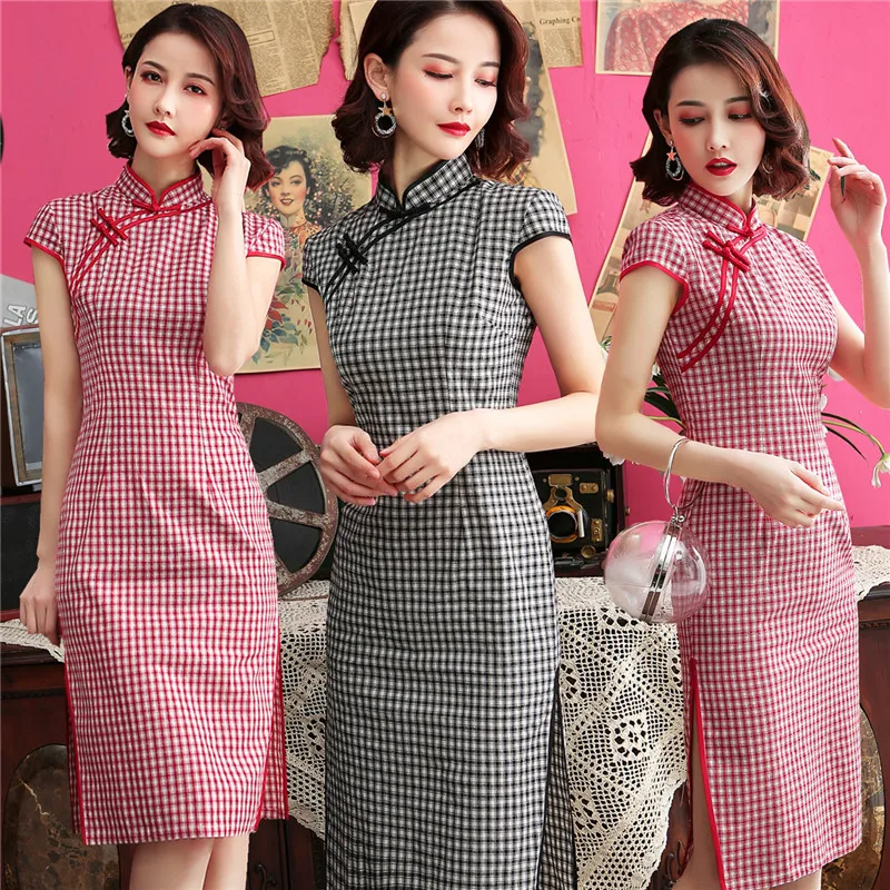 Летнее клетчатое женское платье-чонсам, Сексуальное Тонкое Хлопковое платье-Ципао средней длины, традиционная китайская одежда для девочек размера плюс