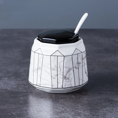Геометрические линии дизайн сахарница домашняя кухня Ceramica для соли и специй Приправа сахарный контейнер для хранения с крышкой ложки - Цвет: 1 pcs no tray