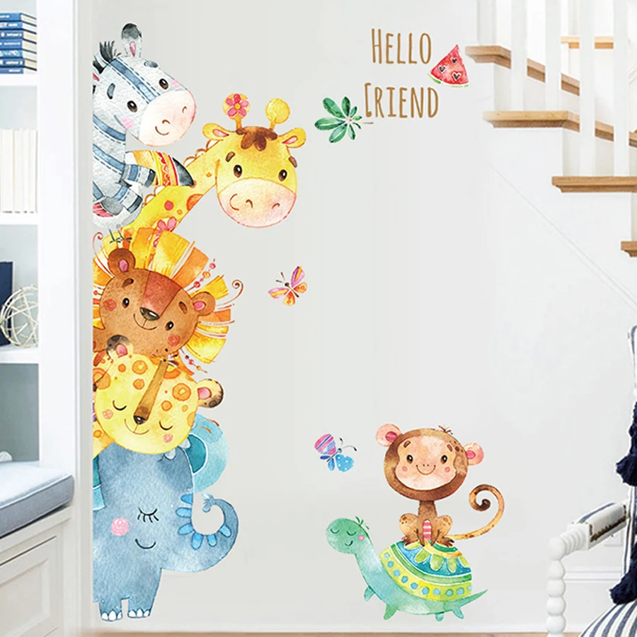 Наклейка на стену с изображением мультяшных животных жирафа обезьяны