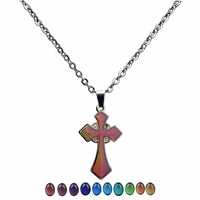 juchao mood necklace vintage temperature control color change cross pendant necklaces stainless steel chain necklace women
