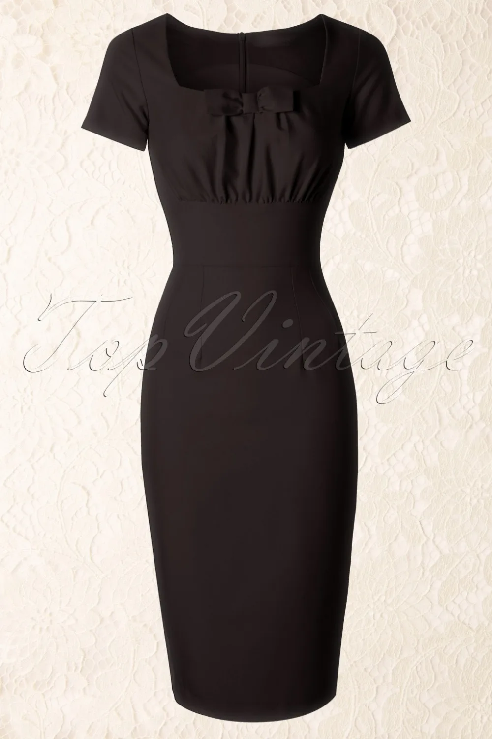 Женское винтажное платье-карандаш в стиле 50-х с квадратным вырезом и бантом |