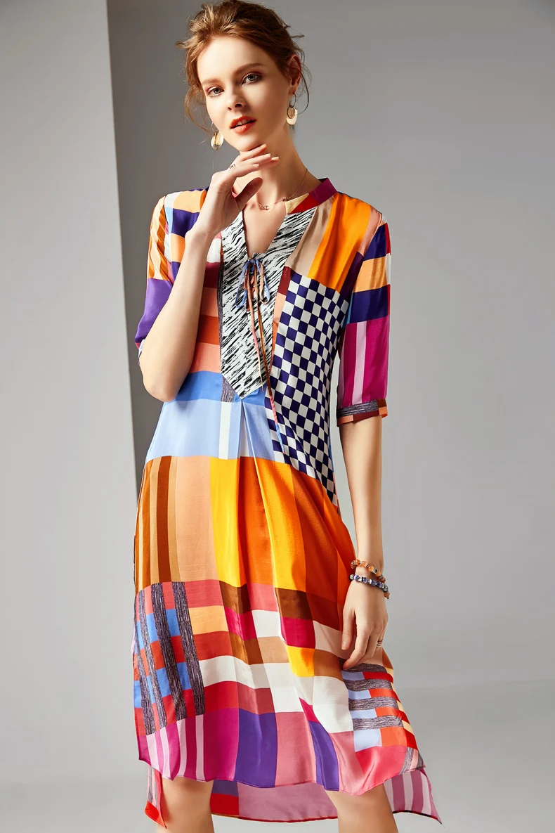 2019 100% шелковые женские подиумные платья с круглым вырезом и короткими рукавами