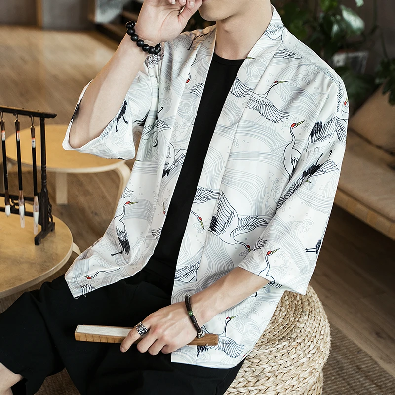 

Men Japan Style Kimono Cardigan Shirt Coat Crane Printing Fashion Casual Thin Jacket Summer Outerwear Streetwear Mens Shirt