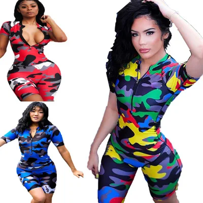 Камуфляжный женский комбинезон с коротким рукавом и цифровой печатью