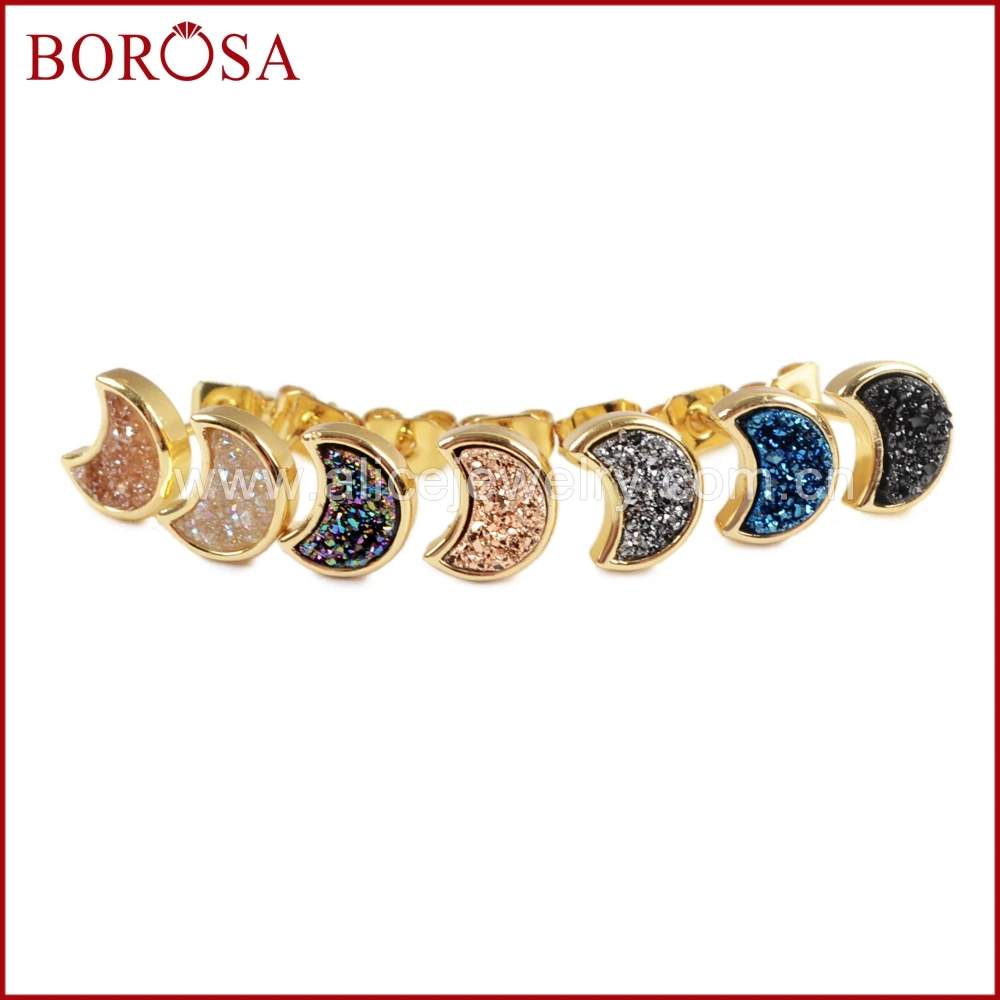 BOROSA 5/10Pairs Gold Color Bezel Moon Shape Rainbow Titanium Druzy Stud Earrings Agates Drusy Earring for Women Jewelry ZG0282