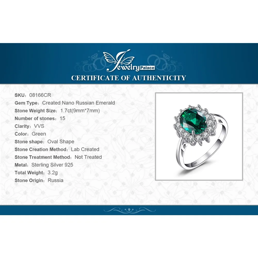 Jewelrypalace Зеленый Изумрудный стерлингового серебра 925 Мода Принцесса Диана Обручение обручальное кольцо для Для женщин Solitaire