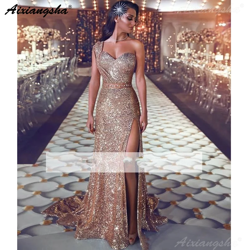 

Gold Muslim Evening Dresses Sweetheart Sequin Side Slit Islamic Dubai Kaftan Saudi Arabic Sexy Mermaid Evening Gown
