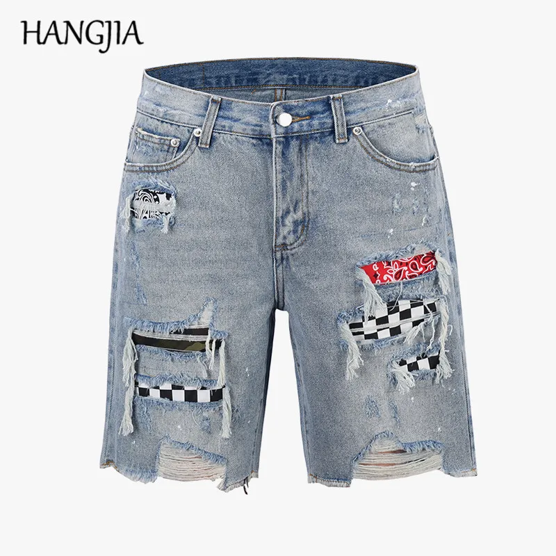 

Justin Bieber Patchwork Denim Shorts Streetwear Ripped Jeans for Men Black/blue Washed Hole All Match Distressed Biker Jeans