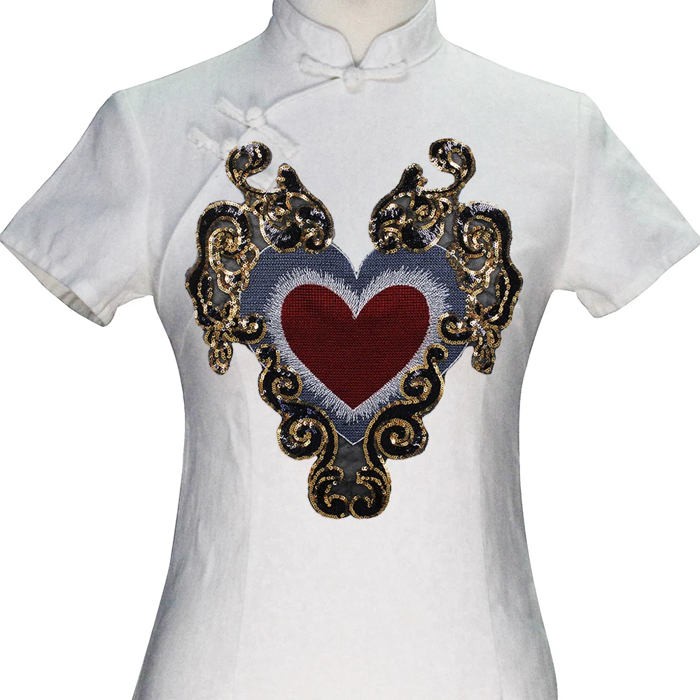 TH684 красное сердце цветочной аппликацией с золотыми блестками Заплаты вышивки