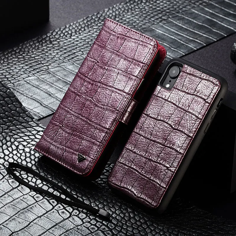 Dark Red Роскошный чехол WHATIF из крокодиловой кожи для IPhone X, XS, Max, XR, отделения для карт, 2 в 1, съемный чехол-кошелек для IPhone 7, 8 Plus - Цвет: Dark Red