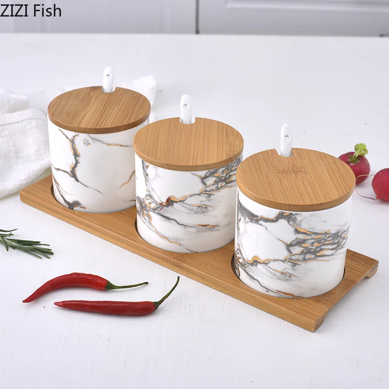 Керамическая банка для специй 3 шт./компл. и поднос соли перца кухонные