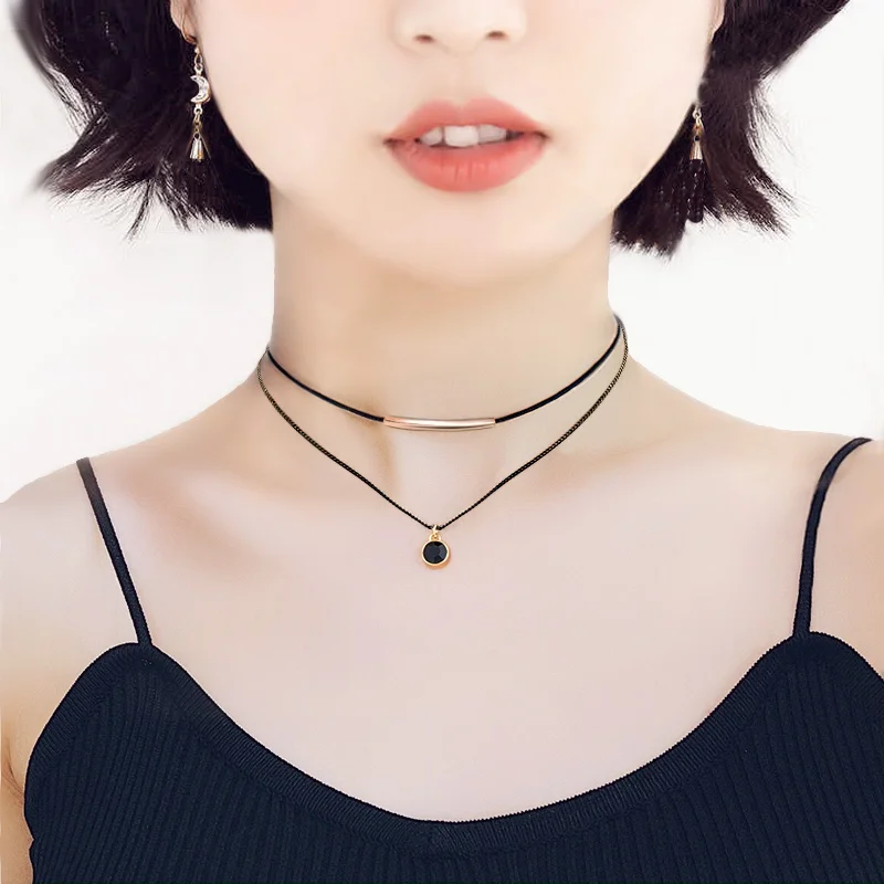 Летний стиль корейский чокер ожерелье барокко черное двойное звено веревки цепь