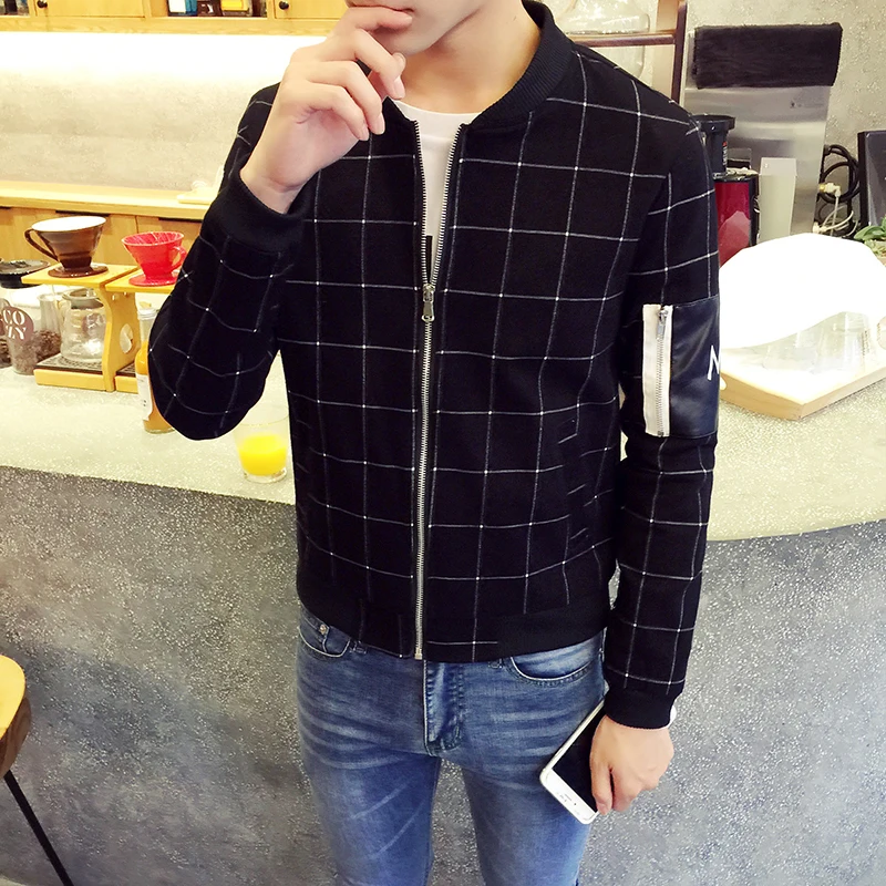 

Bomber Jacket Men Nice Fashion Baseball Collar Slim Mens Jackets Autumn Plaid Casual Menswear Sleeve Zipper Design Windbreaker