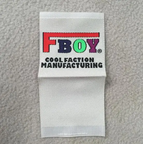 

customize clothing loop fold tags/satin woven labels/garment T-shirt dress embroidered tag/brand name tag printing