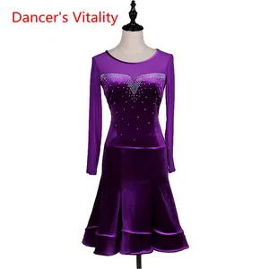 Танцевальная юбка с длинными рукавами; Платье для девочек; Высококачественные костюмы для латинских танцев со стразами