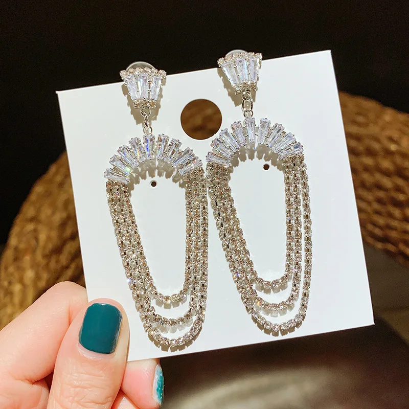 Super Flash Rhinestone U-shaped earrings European and American fashion exaggerated temperament long tassel | Украшения и