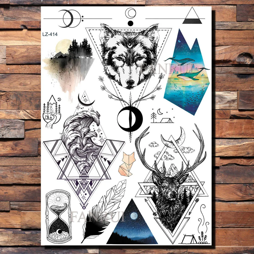 FANRUI Elk геометрические перья волка Временные татуировки для мужчин наклейка