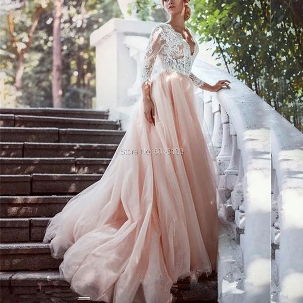 Сексуальное свадебное платье принцессы с v образным вырезом кружевные длинные