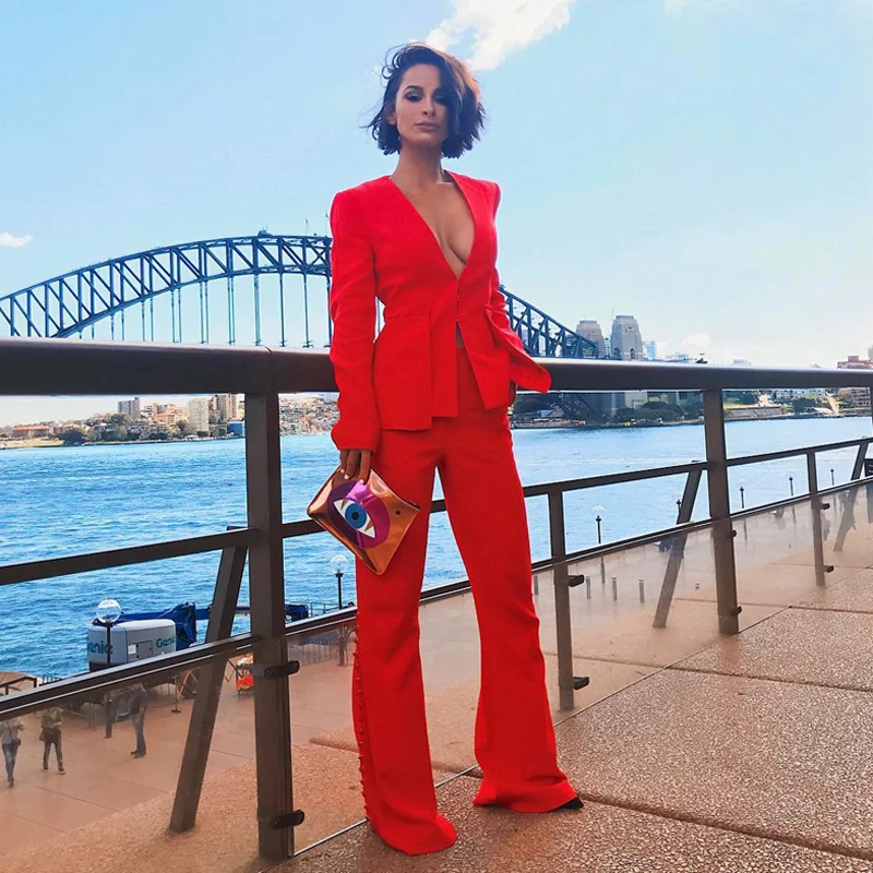 Bqueen 2019 New Women Red Two Piece Sets Office Lady V-Neck Sexy Set Long Sleeve Full Length Pants Fashion | Женская одежда