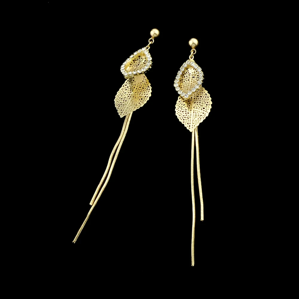 Золото Цвет листьев Висячие серьги с горный хрусталь длинной цепи вечерние