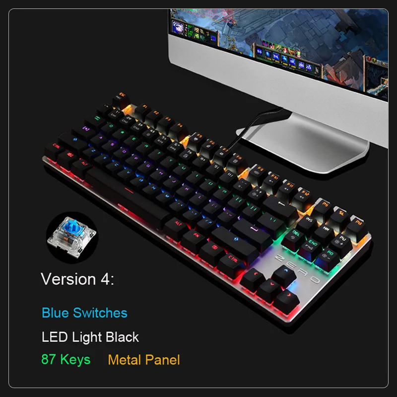 87 key led black Metoo механическая клавиатура 87/104 с защитой от привидения, светящийся синий и черный светодиодный переключатель с подсветкой, Проводная игровая клавиатура, Русские наклейки - Цвет: 87 key led black