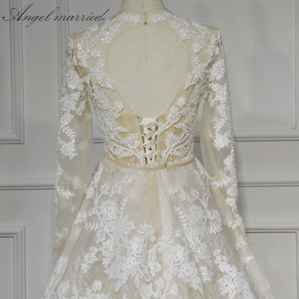 Модное свадебное платье с длинными рукавами и аппликацией в виде ангела русалки