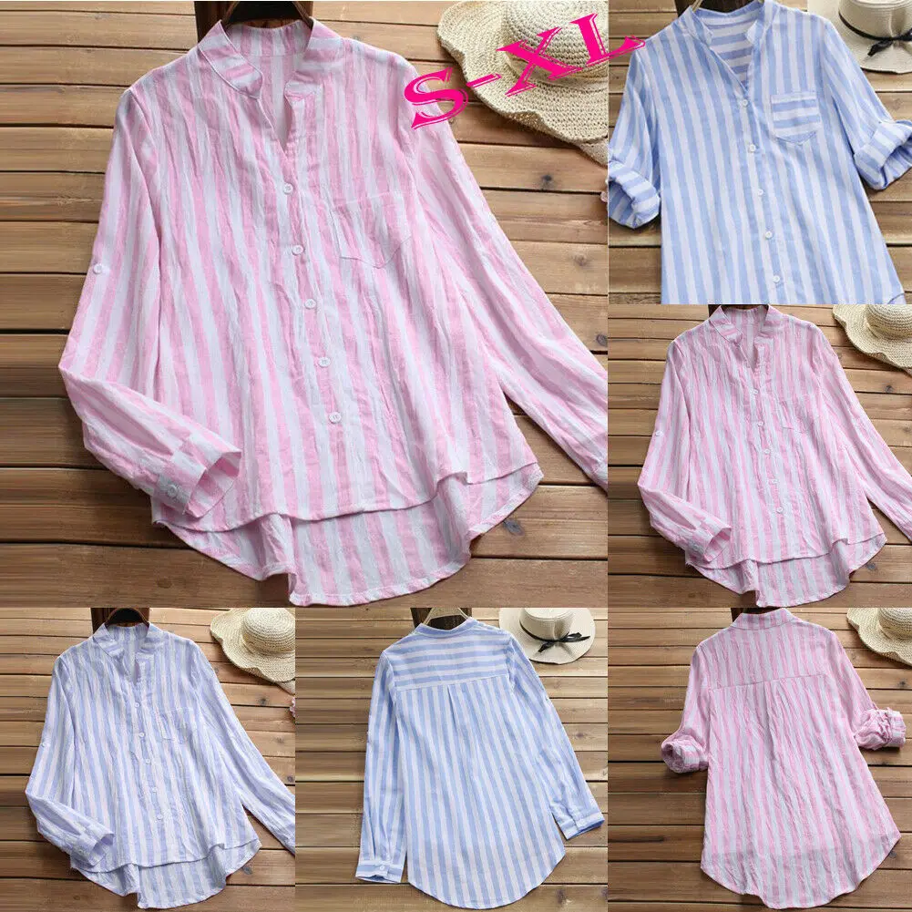 Женская пляжная Блуза в полоску свободная хлопковая блузка с длинным рукавом