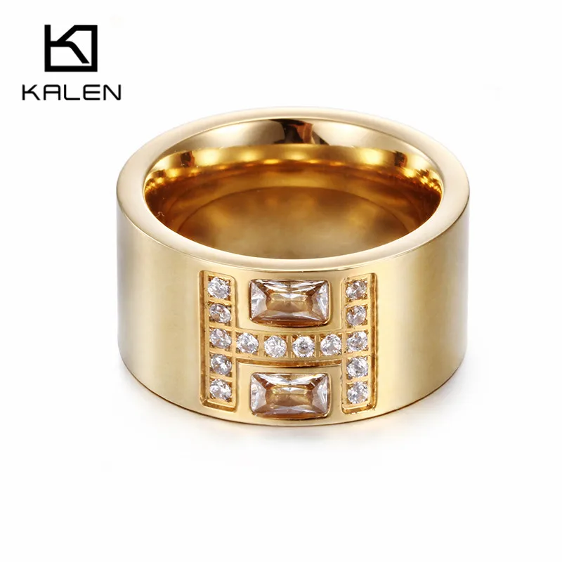 Женские кольца с фианитом Kalen золотистые вечерние из нержавеющей стали черного и