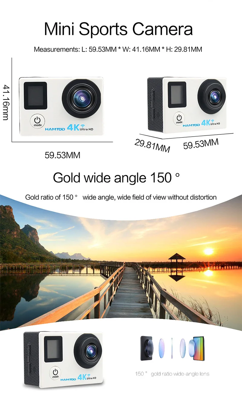 HAMTOD H6A 4K WiFi Экшн-камера 2,0 дюймов ЖК-экран 1080P HD Дайвинг Водонепроницаемая мини видеокамера Спортивная камера s, объектив 140 градусов