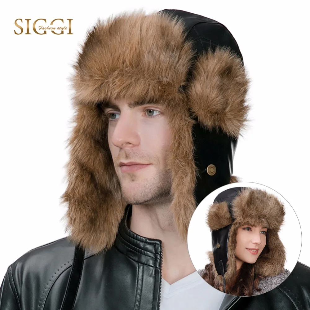 

FANCET Winter Faux Fur Bomber Hats Mens Faux Leather Waterproof Warm Adjustable Windproof Chin Cord Ushanka Hats Women 99730