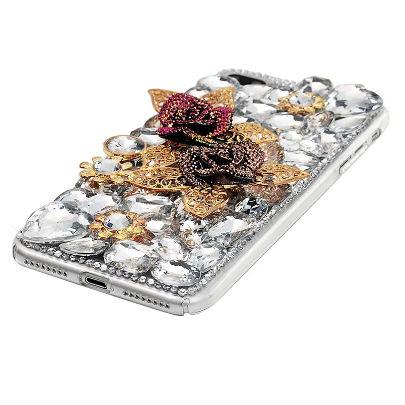 3D горный хрусталь чехол для iPhone X 6 S 7 8 плюс Золотая Роза Листья Bling С кристалалми и