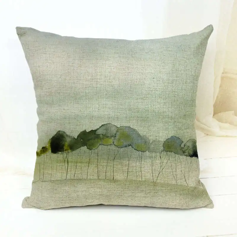 Красивый пейзаж тушью шаблон Наволочка Красочные линии леса Сумерки дома диван