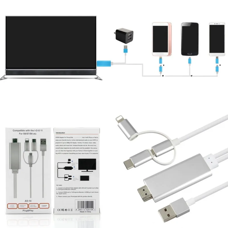 New USB to HDMI Mirror Cast Cable with Audio MHL for Apple iPhone iPad Android Phone to LED TV Micro USB Type C to HDMI