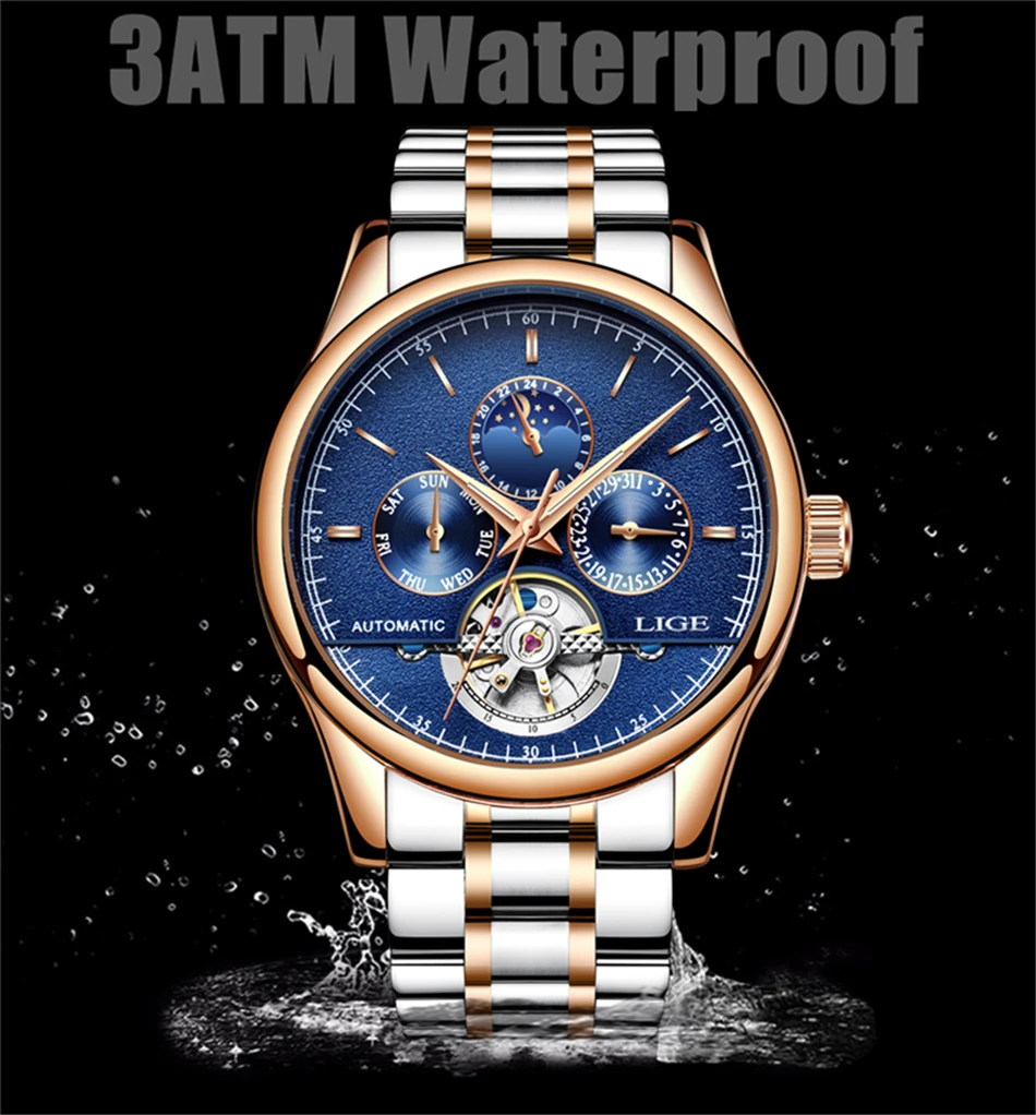 LIGE Брендовые мужские часы автоматические механические часы Tourbillon спортивные часы кожаные повседневные деловые часы в ретро-стиле Relojes Hombre