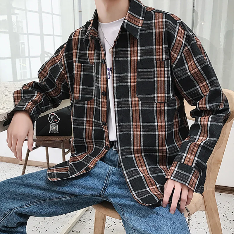 

Сезон весна; Новинка; Свободные мужские клетчатые уличная футболка с длинными рукавами корейский стиль для мужчин с длинными тонкое пальто ...