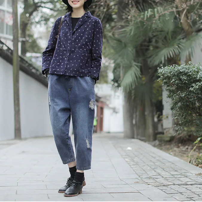 Women Ripped Ankle-Length Jeans Spring Autumn Solid Color Elastic Waist Drawstring Bleached Casual Harem Pants Female Wild Tide |