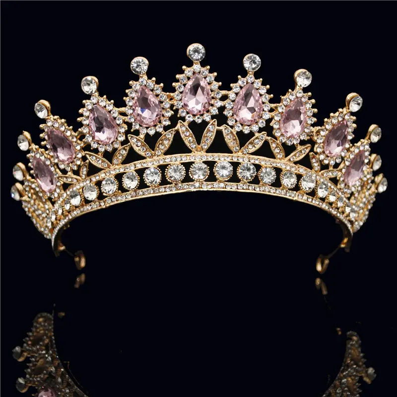Gold Pink Новая Винтажная тиара в стиле барокко, корона для королевы невесты, розовые хрустальные короны, свадебные модные украшения для волос, свадебные аксессуары - Окраска металла: Gold Pink