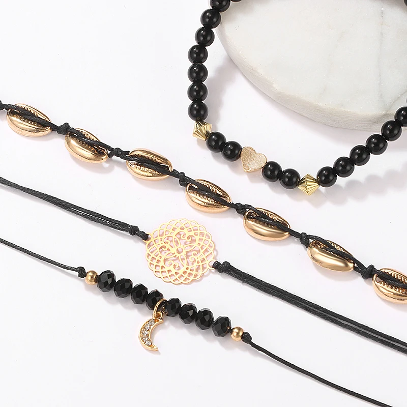 Tocona Boho Beaded Gold Color Moon Shell Crystal Pendant Layered Bracelet Bangle Set for Women Flower Adjustable 3826 | Украшения и