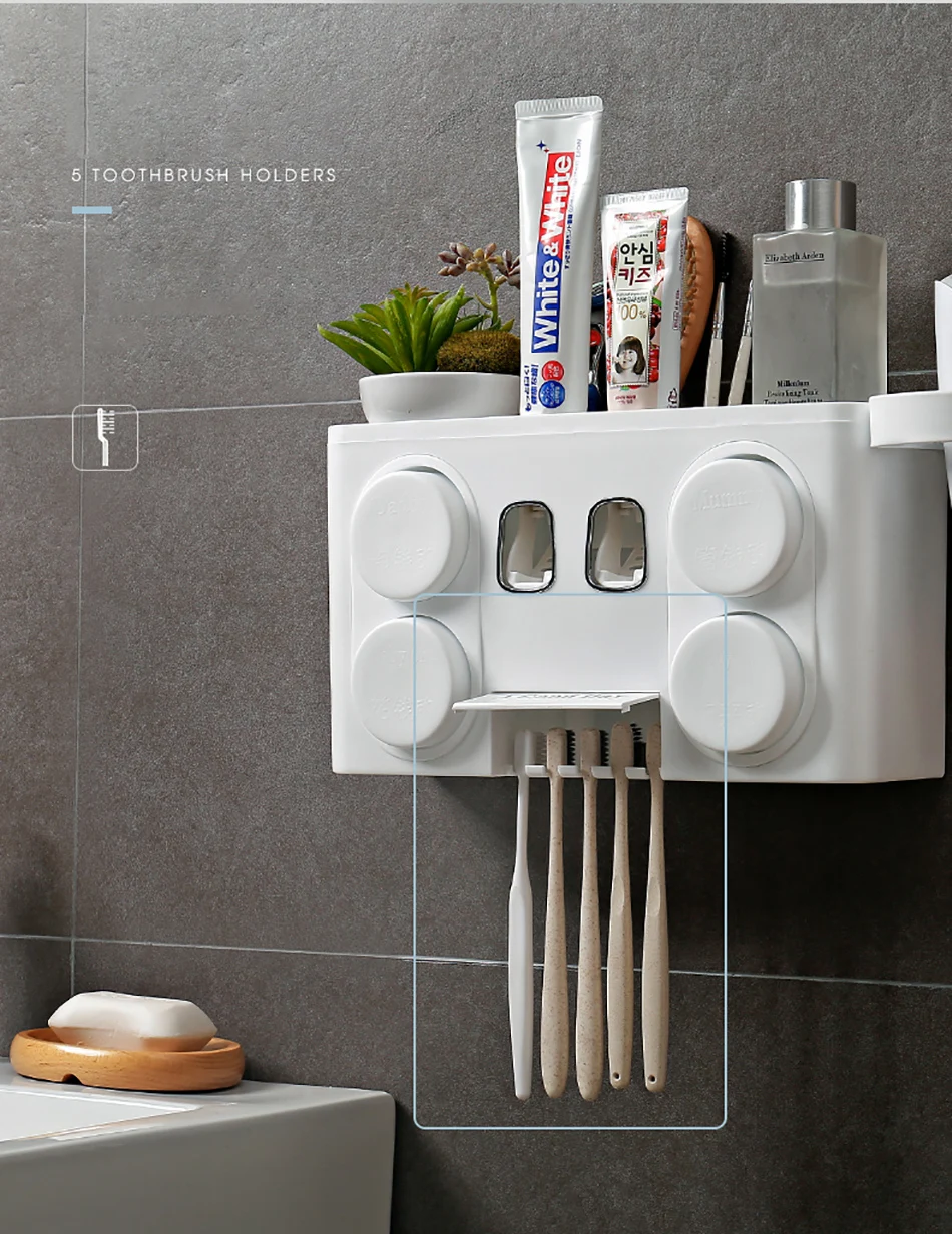 Wonderlife Bathroom Set Accessories Toothbrush Holder Automatic Toothpaste Dispenser Suction Cup Wall Mount Bathroom Storage Box