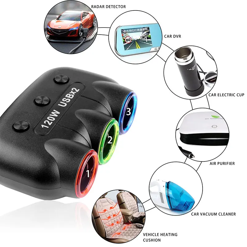 Разветвитель для автомобильного прикуривателя Onever 1-3 дюйма светодиодный в/2 1 А |