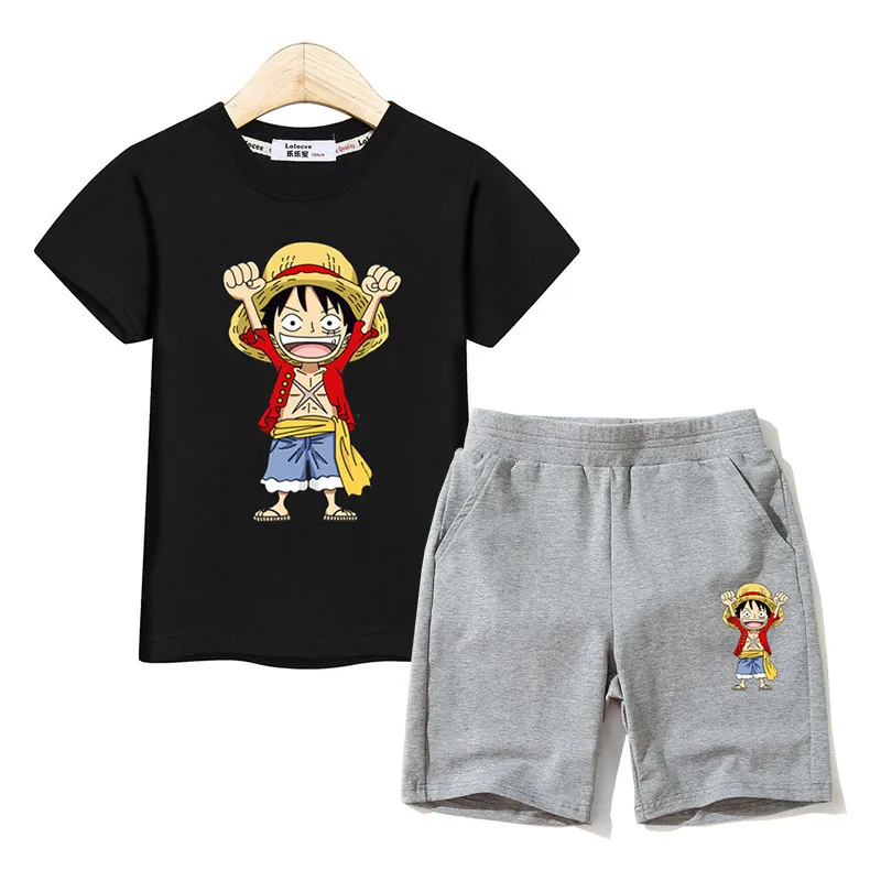 

Boy summer outfits Luffy tees +cotton shorts 2pc sets kids cartoon costumes one piece king clothing baby boys suits