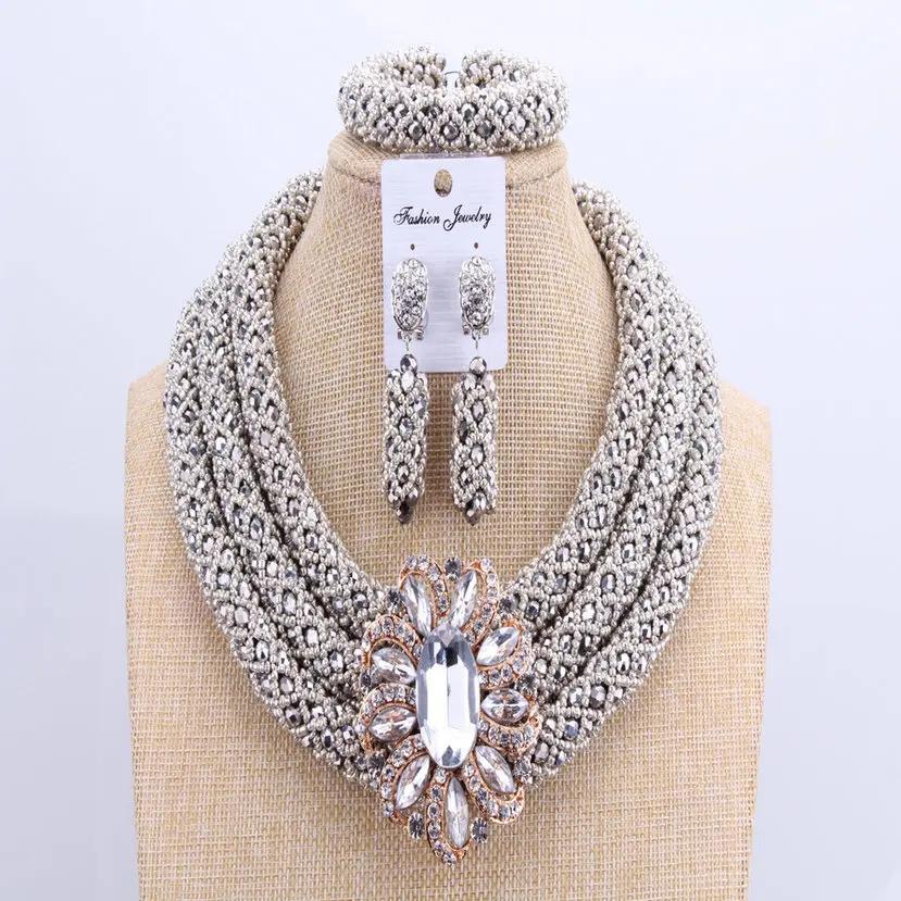 Elegant 3 Layers African Nigerian Crystal Beads Necklace Set 3 Layers