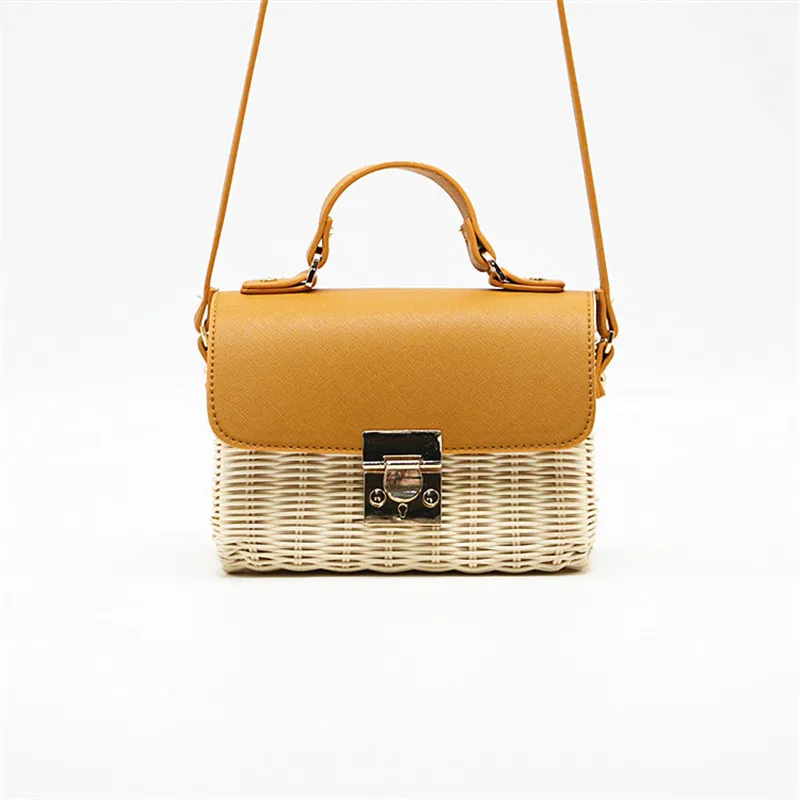 Модная Высококачественная женская соломенная сумка из ротанга, плетеная кожаная декоративная сумка-мессенджер, деревянная Сумочка, тканая сумка через плечо с клапаном