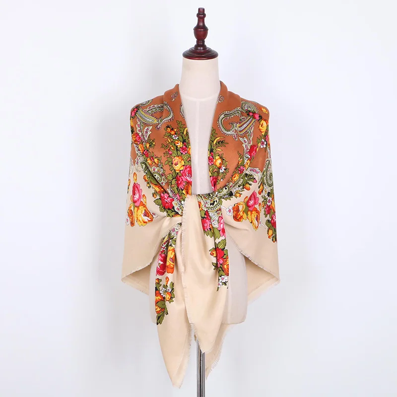 [FAITHINK] 140cm Women Square Travel Scarf Shawl Lady Traditional Floral Designer Wrap Stole Winter Warm Poncho Cotton scarf | Аксессуары