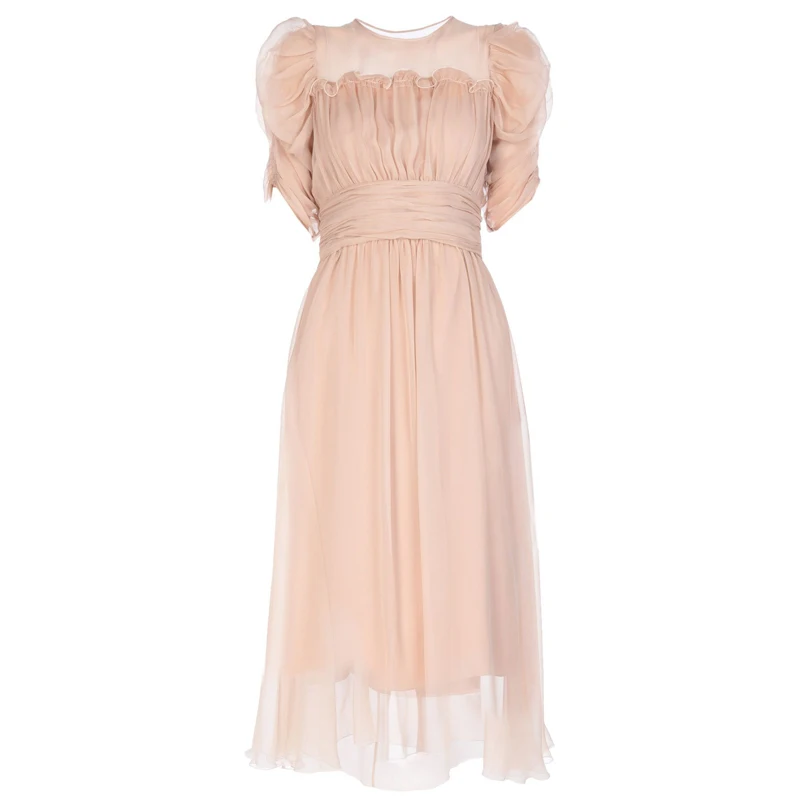 

Beach Dress Ukraine Dress Sale 2019 Women's Elegant Temperament Round Neck Wooden Ear Slim Short-sleeved Nude Powder Long Woman