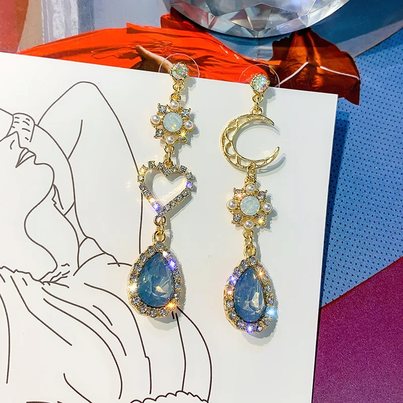 DREJEW Асимметричный синий луна сердце капли воды Эффектные серьги рождественские