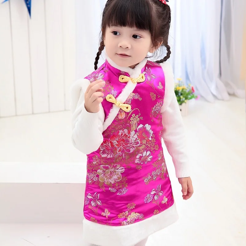 

2022 Winter Baby Girls Coats Festival Waistcoat Girl Down Jacket Qipao Dresses Chinese Children Outerwear Thick Outfits Vest
