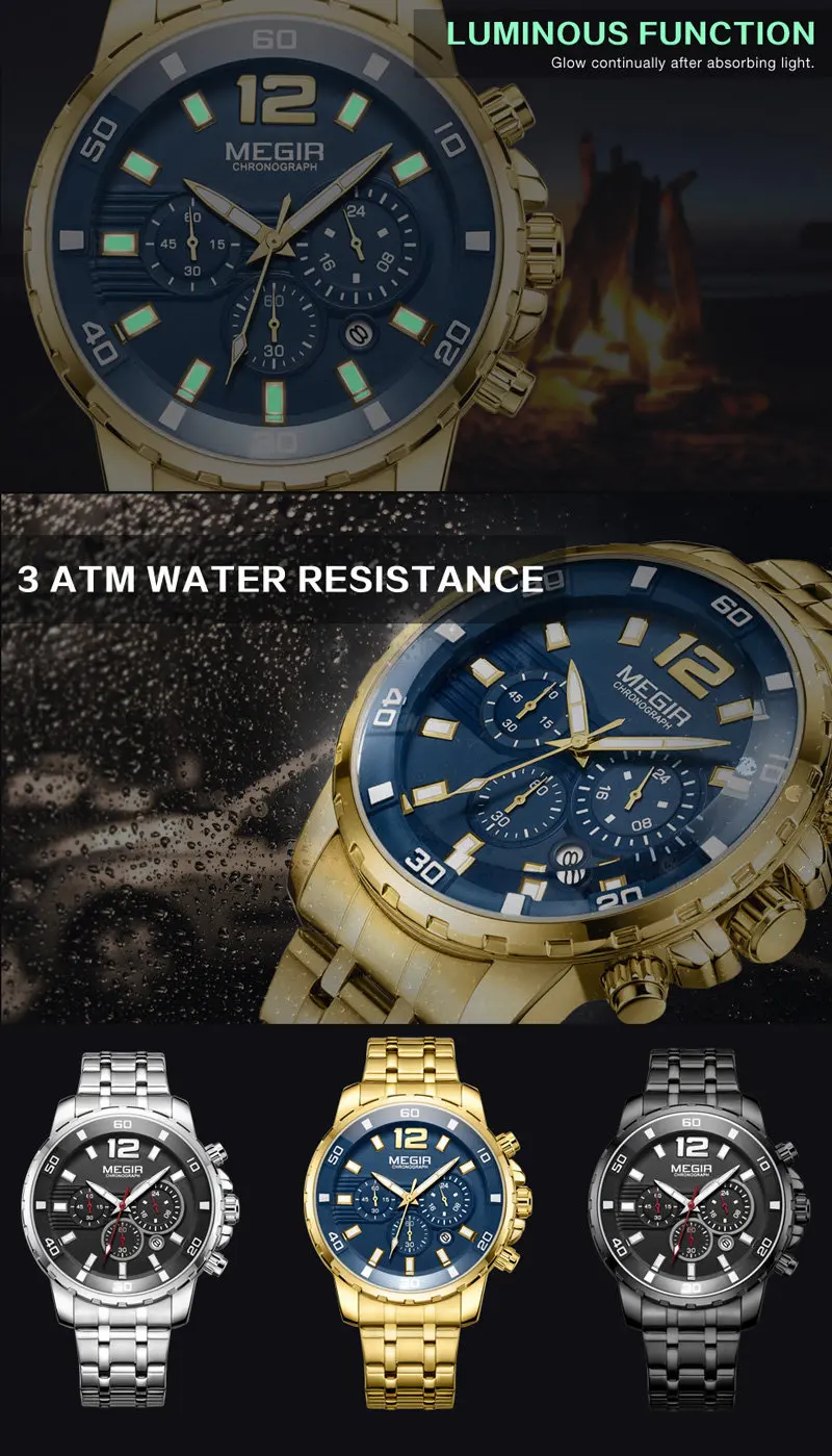 Мужские часы с хронографом MEGIR наручные календарем и полностью стальным ремешком
