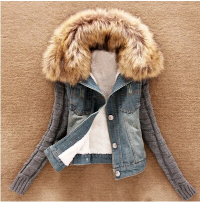 

Hot fashion winter jackets women casual Knitting Long Sleeve plus size clothes fur collar denim jacket jeans high quality